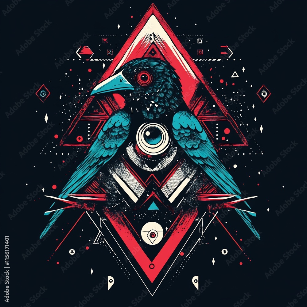 Poster abstract geometric bird illustration with vibrant colors and symbolic elements.