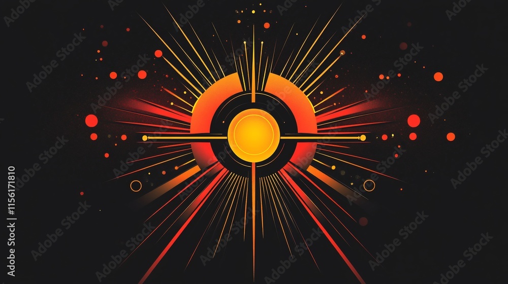 Poster Abstract sunburst design with concentric circles, radiating lines, and glowing particles on a dark background.