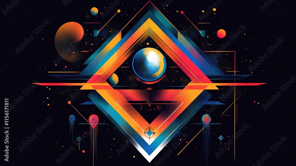 Poster abstract geometric design with vibrant colors and celestial elements.