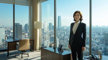 Fototapeta premium 都会の風景を背景に豪華なオフィスで撮影された女性CEOの朝