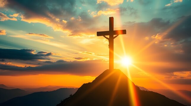 An ethereal image of a majestic cross on a mountain at sunrisestands atop bathed in warm golden hour light