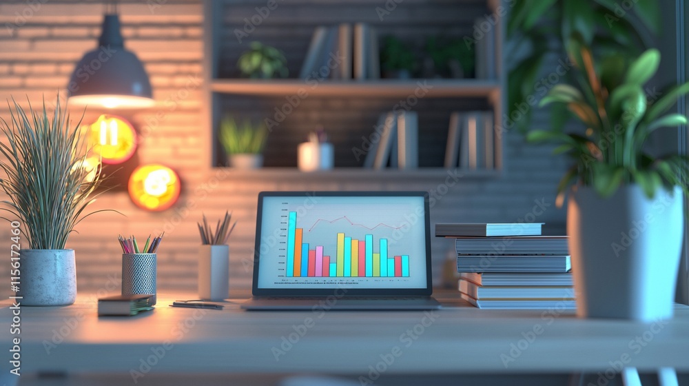 Poster laptop displaying graphs on desk in home office at night.