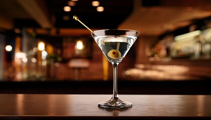 Martini with Olive in Classic Glass on Bar Counter