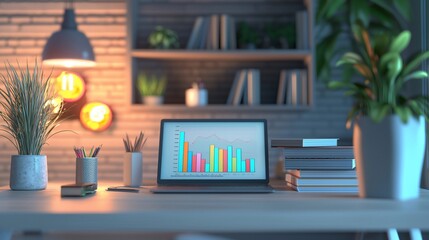 Laptop displaying graphs on desk in home office at night.