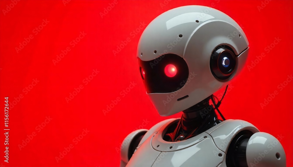 Poster futuristic robot ai red background technology innovation artificial intelligence cyborg machine