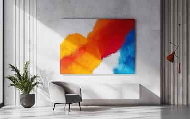 Abstract colorful painting on canvas in modern minimalist interior with armchair, plant, and sunlight.