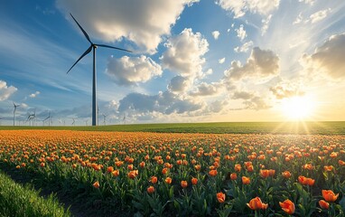 Sunset over a field of orange tulips with wind turbines.