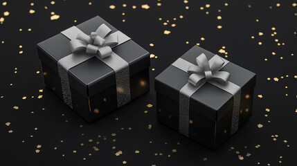 black gift boxes with silver ribbon isolated on black golden background