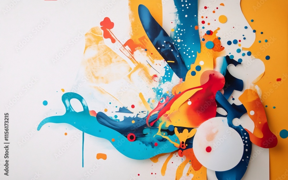 Poster abstract colorful paint splashes and shapes on white background.