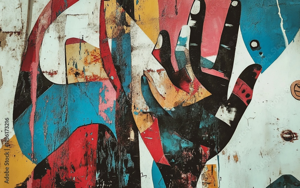 Poster abstract collage of hands on textured background with vibrant colors and paint splatters.