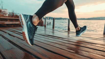 Person Running on Beach Boardwalk at Sunset