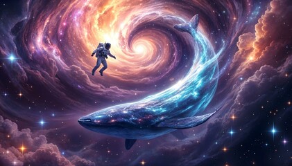 Surreal Astronaut Floating Near Cosmic Whale in Space