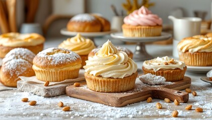 Assorted Cupcakes and Pastries on a Rustic Table