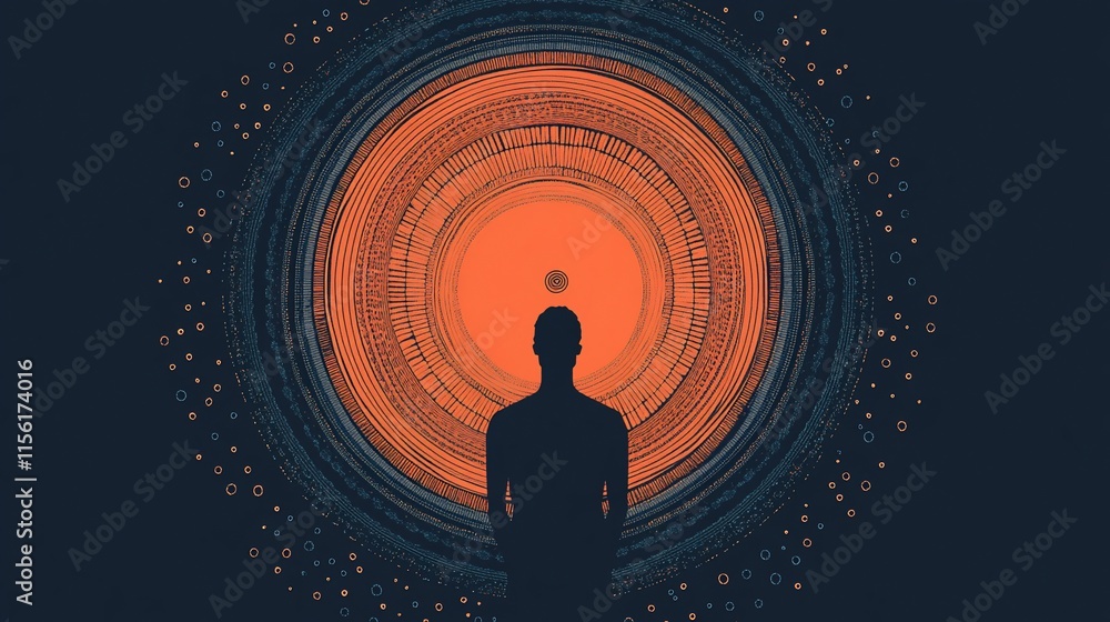 Poster Silhouette of a person standing before a complex concentric circle abstract design.