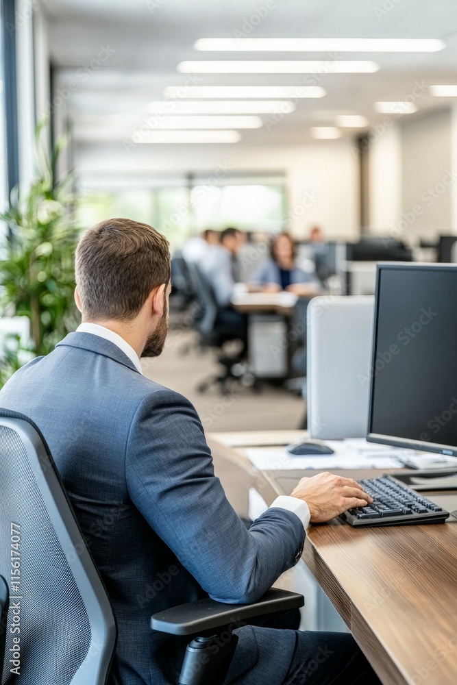 Poster a man in a suit is typing on a computer