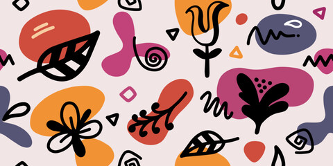 Abstract seamless pattern flowers and leaves for fabric design, interior, wallpaper.