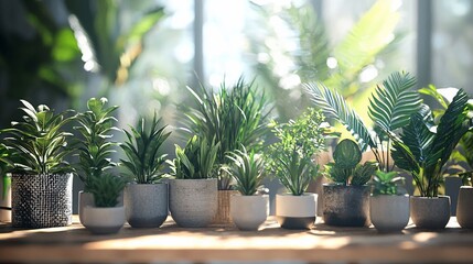 Fototapeta premium Sunlit indoor plants in various pots on wooden surface.