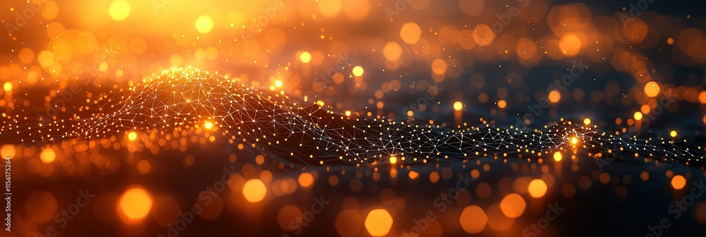 Poster abstract illustration of glowing particles creating a wave-like effect.