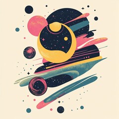 Obraz premium Abstract cosmic illustration with planets, stars, and nebulae in vibrant colors.