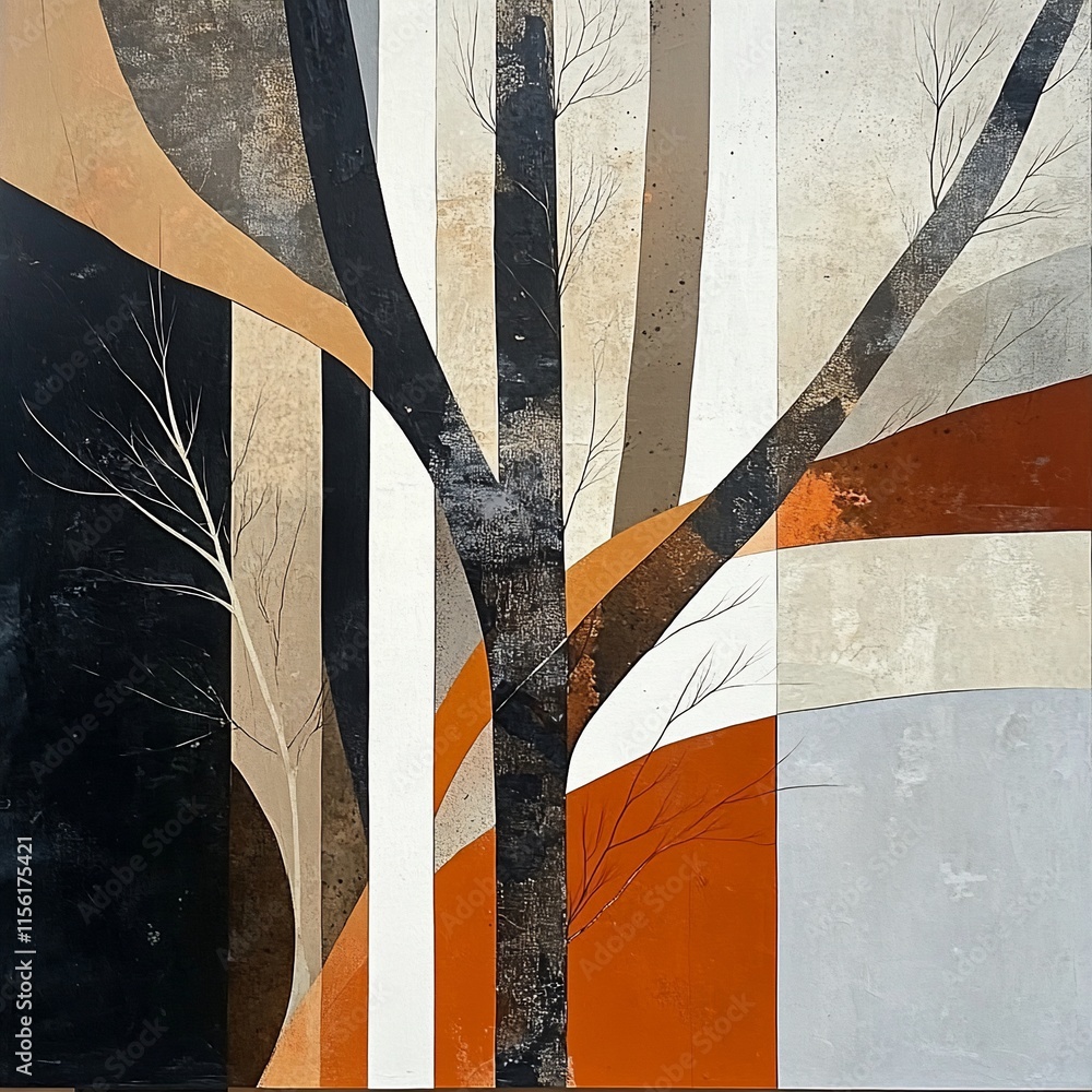 Poster Abstract art depicting stylized trees with textured, geometric shapes in warm and cool tones.