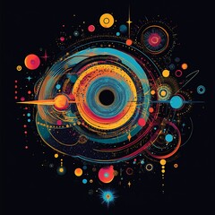 Obraz premium Abstract cosmic artwork featuring swirling colors, planets, and stars on a dark background.