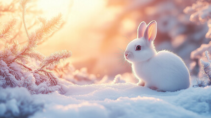 Obraz premium A snowy landscape with white rabbit, surrounded by evergreen trees and a soft pink sky. The scene is serene and tranquil