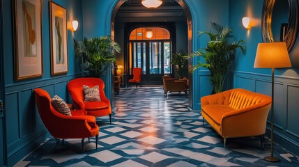 Elegant hotel lobby interior with vibrant orange armchairs and sofa, teal walls, patterned floor, and potted plants.