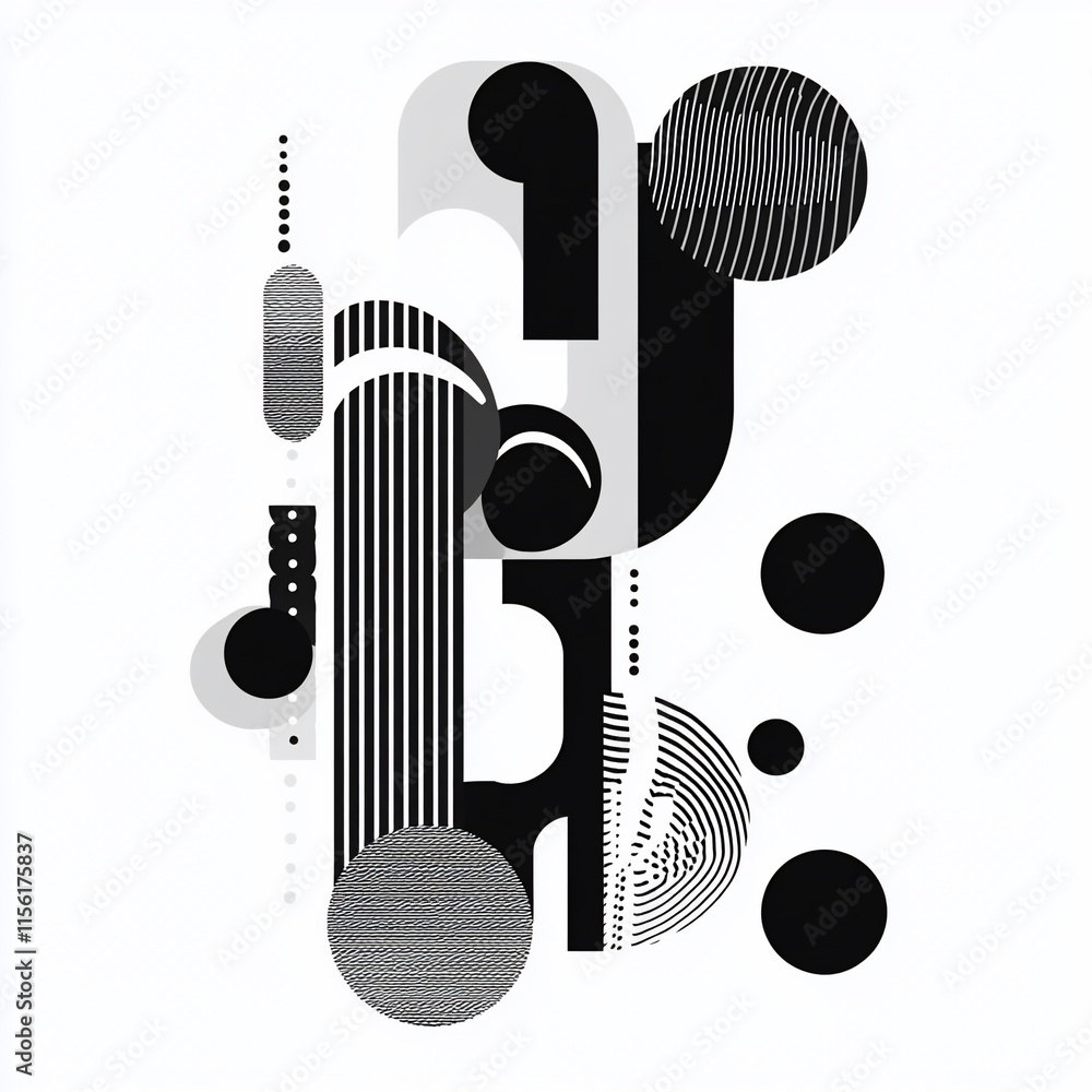 Poster abstract grayscale artwork featuring geometric shapes, lines, and patterns.