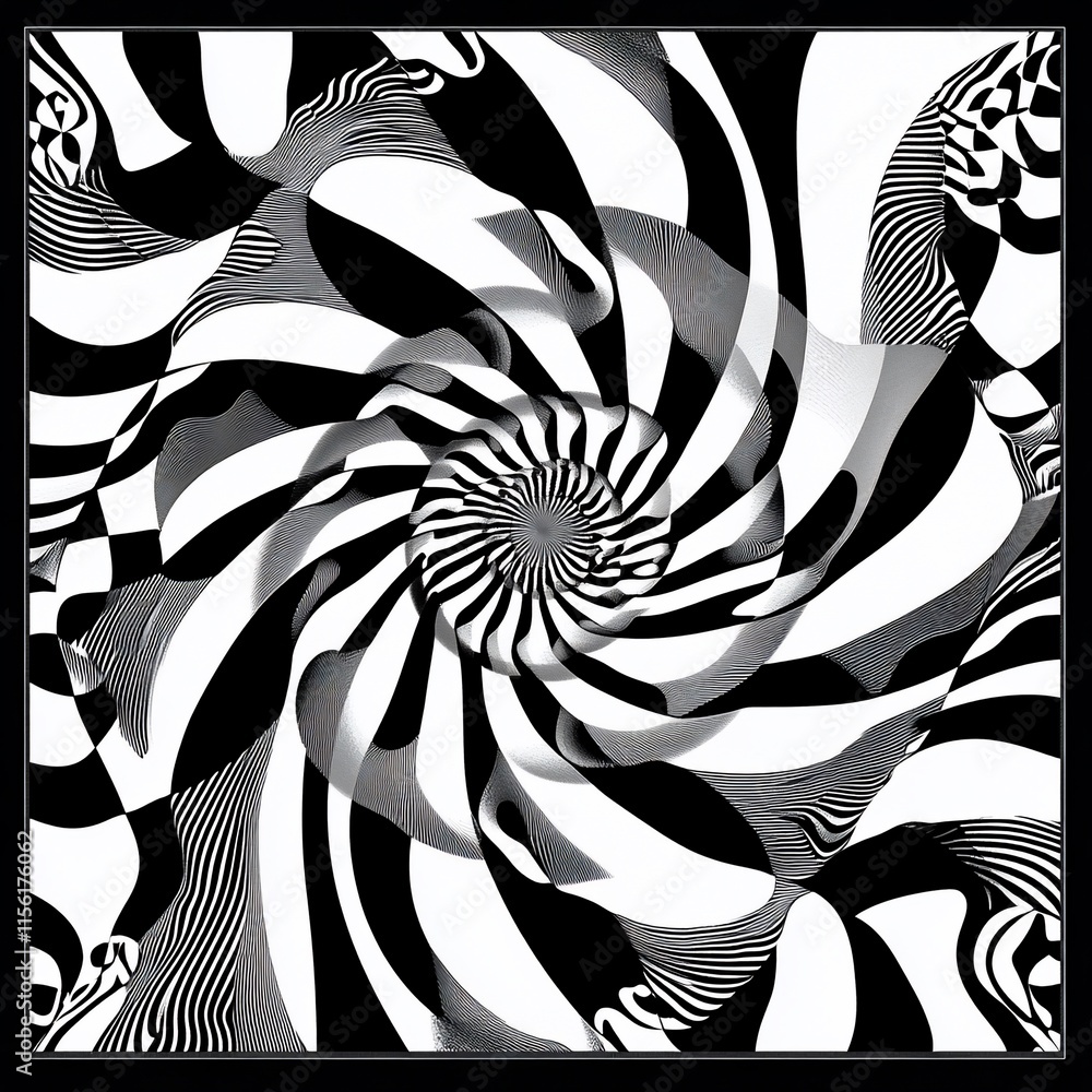 Poster abstract black and white swirling vortex pattern.