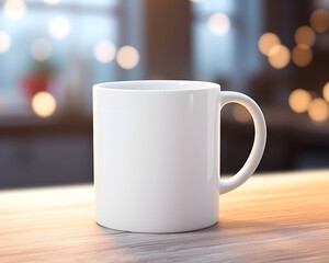 A simple white mug on a wooden surface with a blurred background and soft lighting.