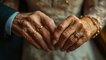 Elderly Couple s Hands with Wedding Rings Golden Bands Closeup