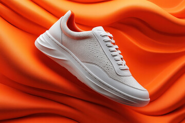 White sneaker resting on vibrant orange background, contrasting colors create a striking visual impact.