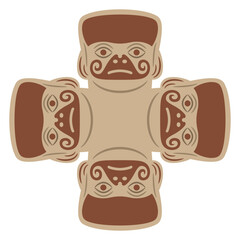 Square ethnic cross shape design with four stylized human heads. Native American art of Moche Indians of ancient Peru. Mochica ethnic masks. 