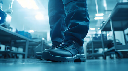 Obraz premium Workers wearing safety shoes in factory or construction site, work safety concept.