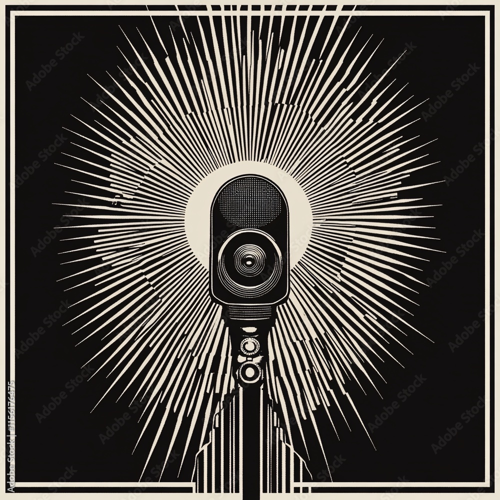 Poster studio microphone with radiating lines on black background.