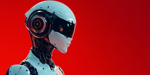 Futuristic Robot AI Cyborg Head Red Background Technology Concept