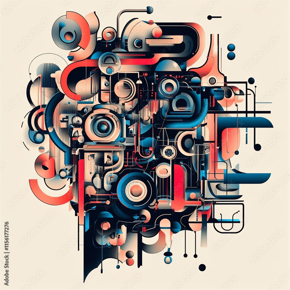 Poster Abstract geometric composition with vibrant colors and interconnected shapes.