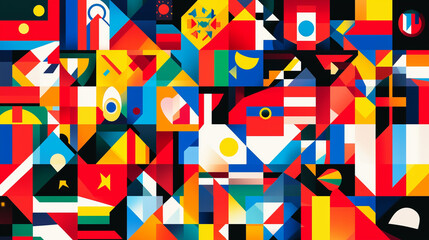 Colorful abstract composition featuring flags of the world in geometric design
