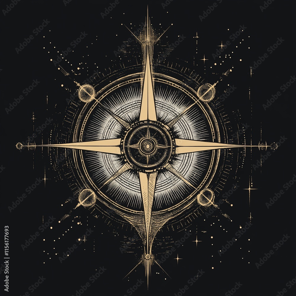 Poster ornate celestial compass design with radiating lines, planets, and stars on a dark background.