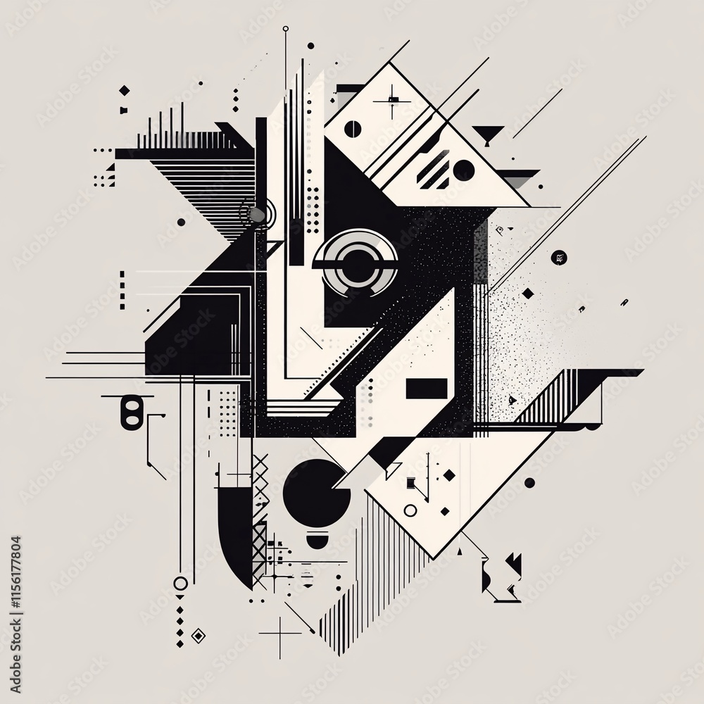 Poster Abstract monochrome geometric art design with intersecting shapes, lines, and patterns.