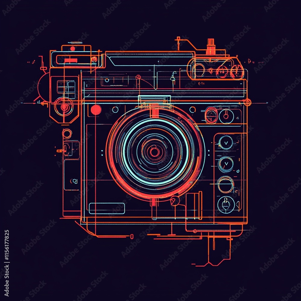 Aufkleber abstract digital illustration of a camera with glowing lines and futuristic design elements.