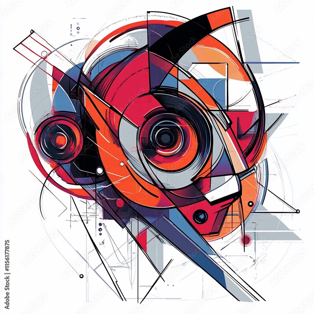 Poster abstract geometric artwork with vibrant red, orange, and blue shapes, creating a dynamic and complex