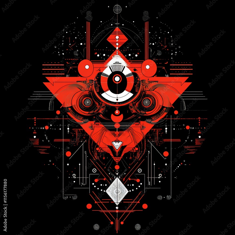 Poster Abstract red and black geometric design with symmetrical patterns and shapes.