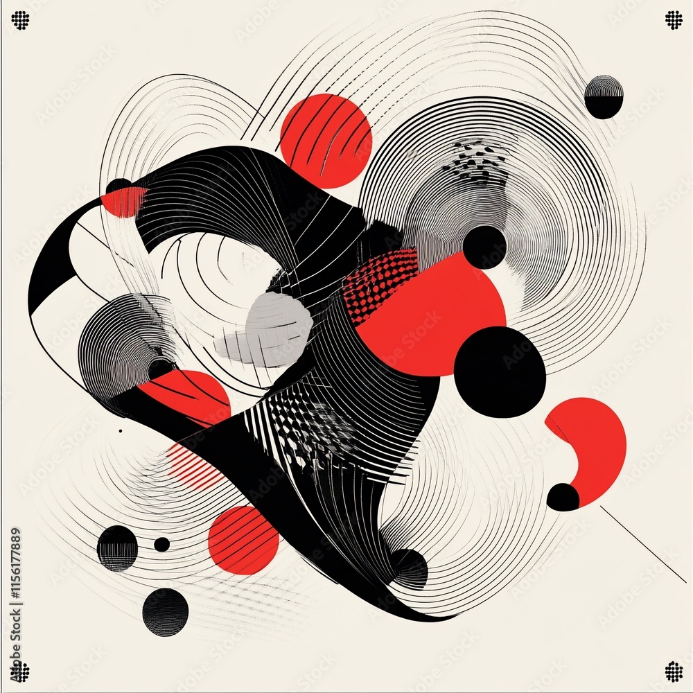 Poster abstract art with red, black, and gray circles and lines on a beige background.