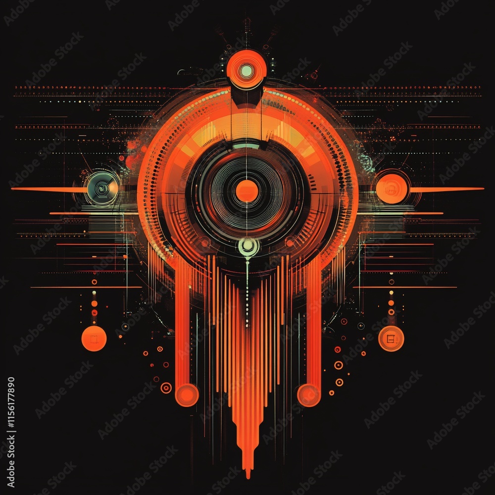 Poster Abstract orange and black concentric circles design with technological elements.