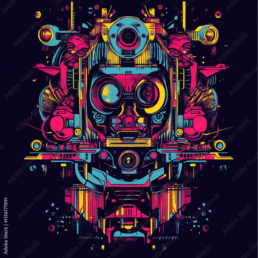 Poster abstract colorful robotic face illustration with geometric shapes and vibrant colors on a dark backg