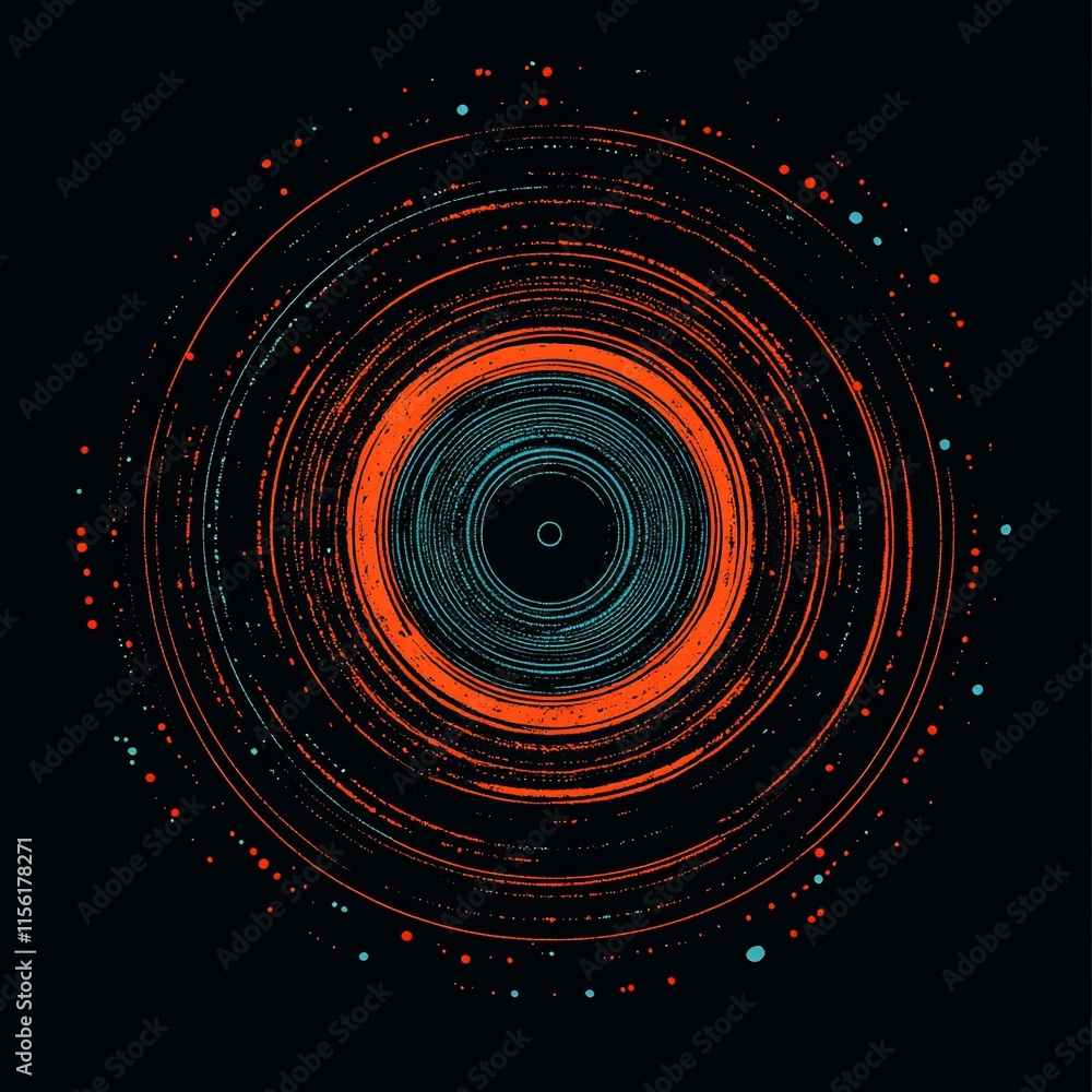 Poster abstract concentric circles in orange and teal on black background.
