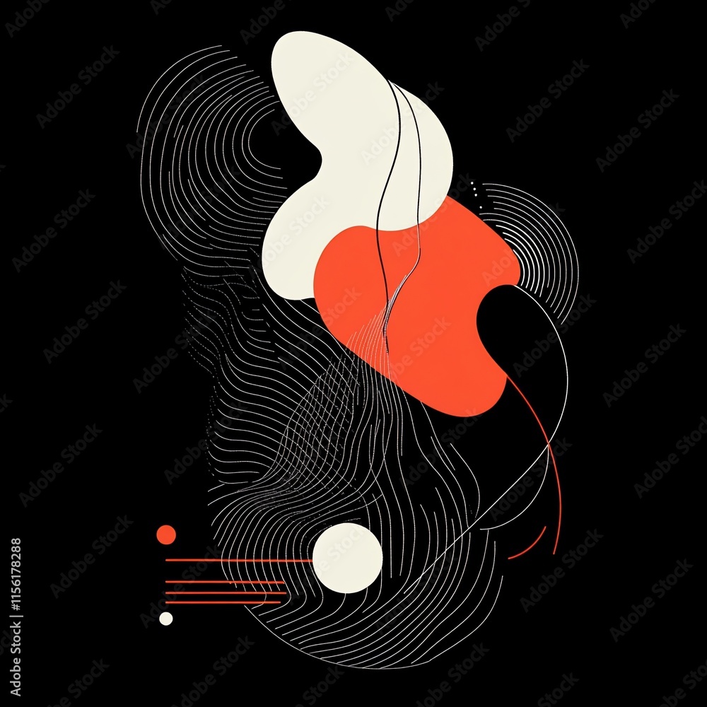 Poster abstract art with red, white, and black shapes and lines on a dark background.