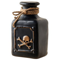 Old black poison bottle with a golden skull and bones sign and rope, PNG file isolated on transparent background. 