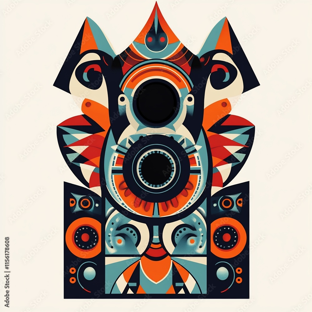 Poster abstract geometric design with vibrant colors and symmetrical shapes, resembling a stylized face or 